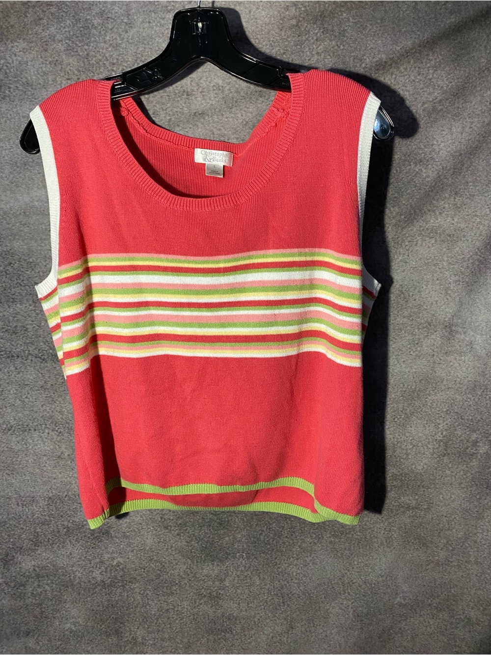 Christopher & Banks Sweater Vest Large L Coral Pink Green Striped Knit Tank Top